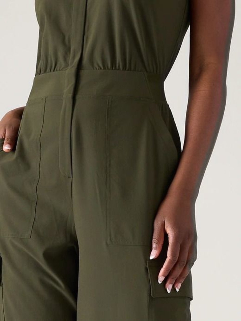 Athleta Brooklyn Olive Green Sleeveless Utility Jumpsuit - Picture 3 of 7